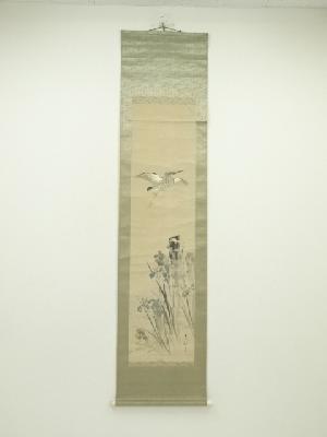 菖蒲に水鳥　肉筆紙本掛軸（保護箱）